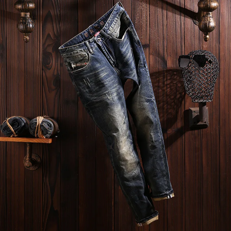 2025 Spring and Autumn slim fit small straight leg jeans men's motorcycle retro personality fashion heavyweight denim pants