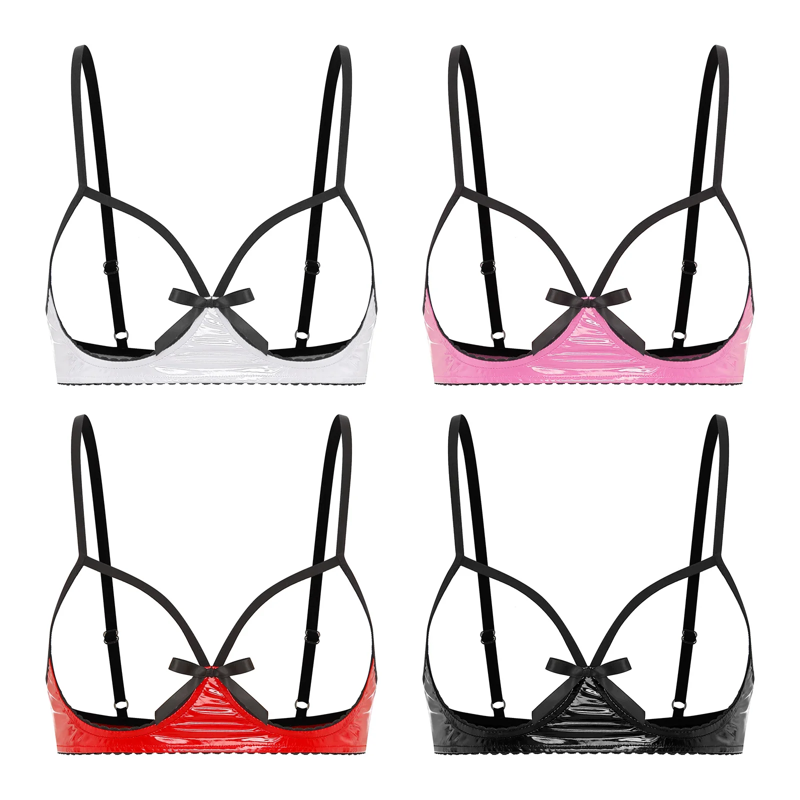 Womens Tempting Cupless Bra Spaghetti Straps Cute Bow See Through Wireless Unlined Wet Look Bra Tops Sexy Lingerie