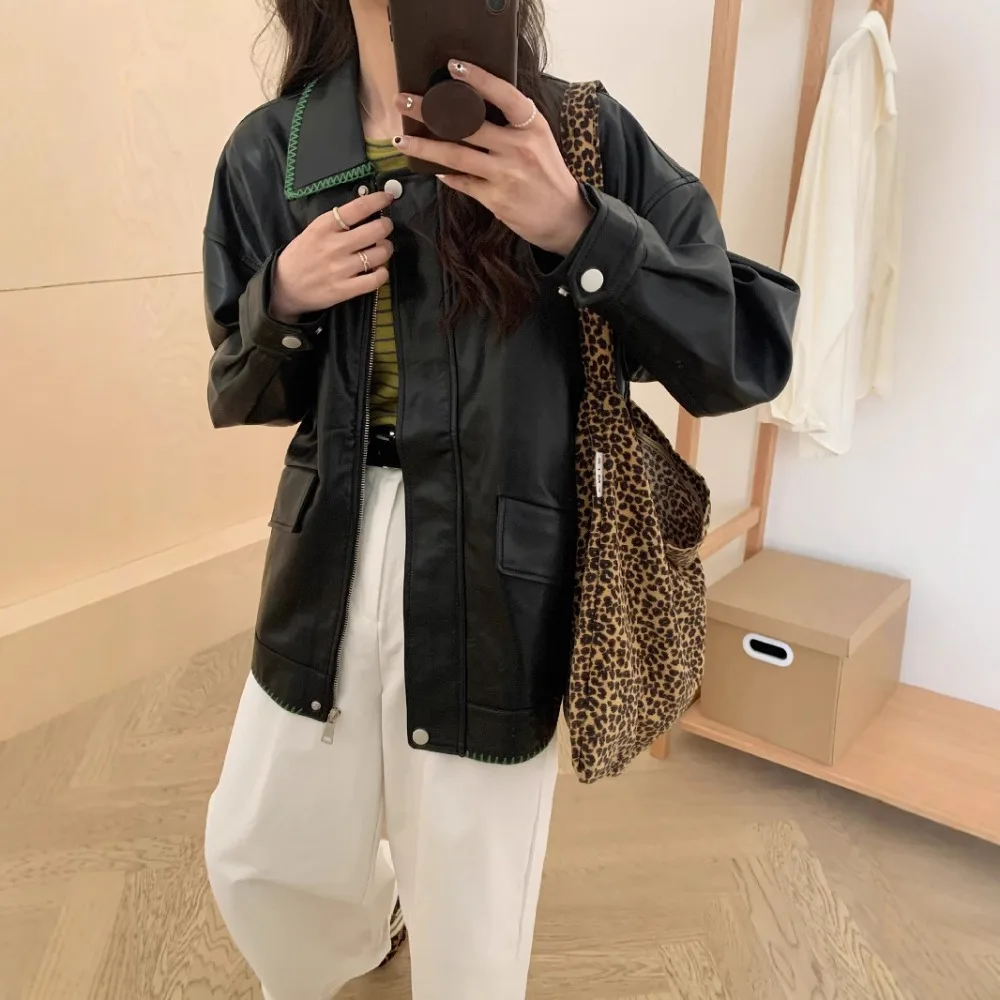 

Women's Clothing Leather Jacket Leather Neck Jacket High Quality New in Coat and Jacket Leather Jacket Women's Motorcycle Outer