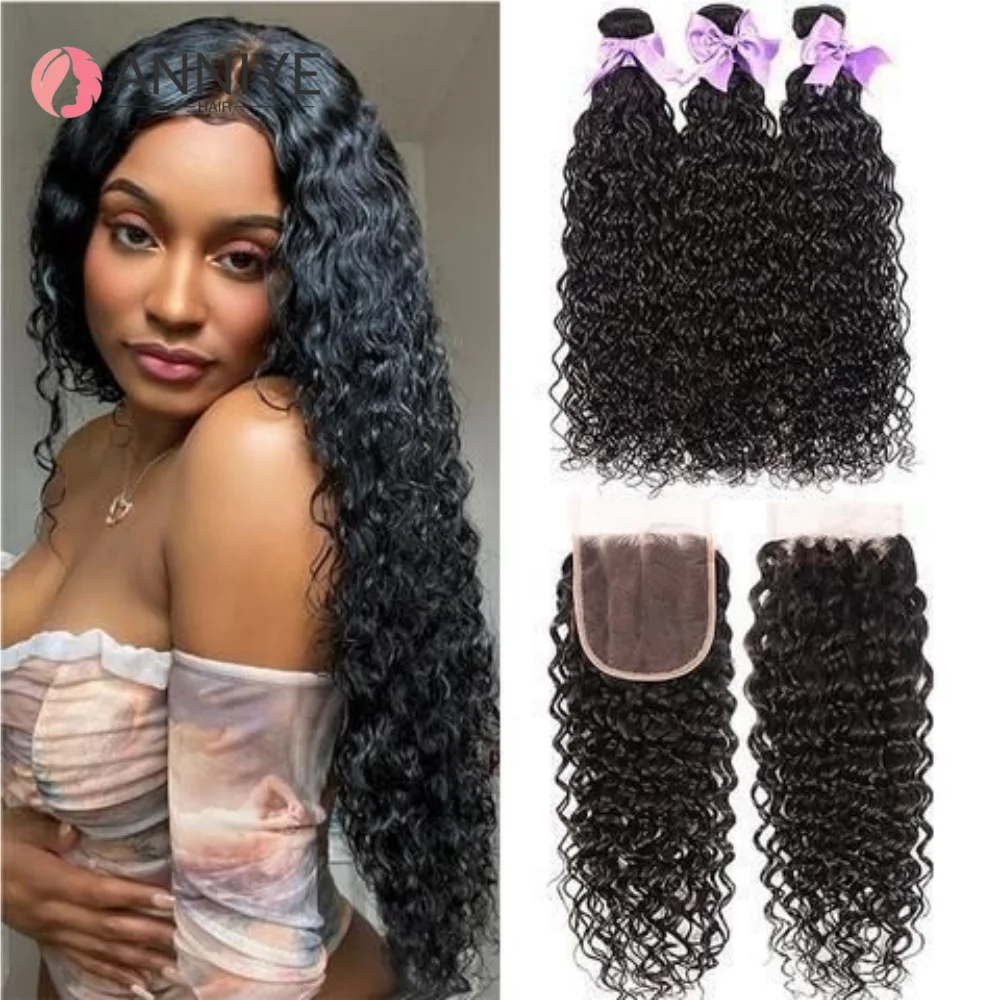 

Brazilian Water Hair Bundles With 4x4 Lace Closure Human Hair Bundles With Closure Water Wave Hair 3 Bundles With Closure 12A