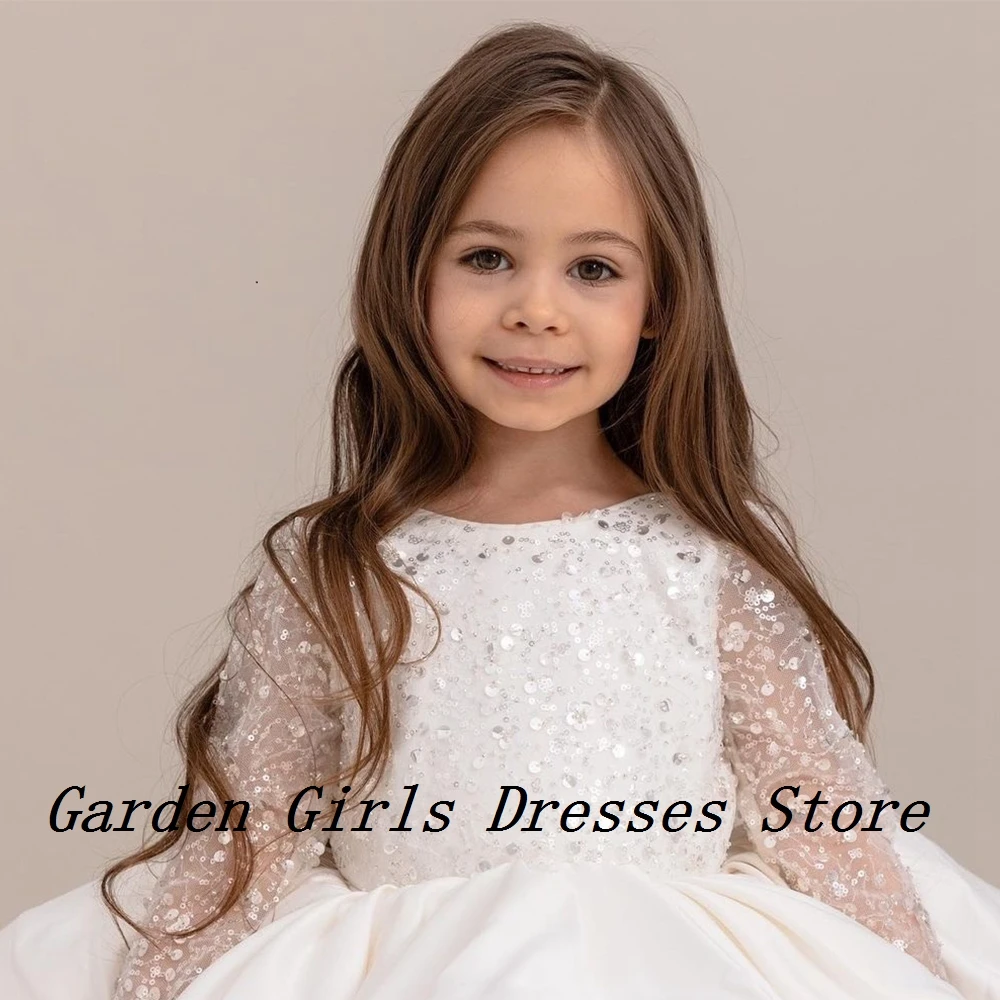 Charming Scoop White Flower Girls Dresses with Sequined 2024 Summer Full Sleeve A Line Christmas Dresses فستان عيد الميلاد