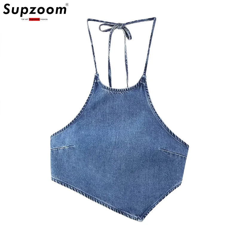 

Supzoom 2026 Новинка: Модный джинсовый укороченный топ-халтер в французском стиле для смелых девушек