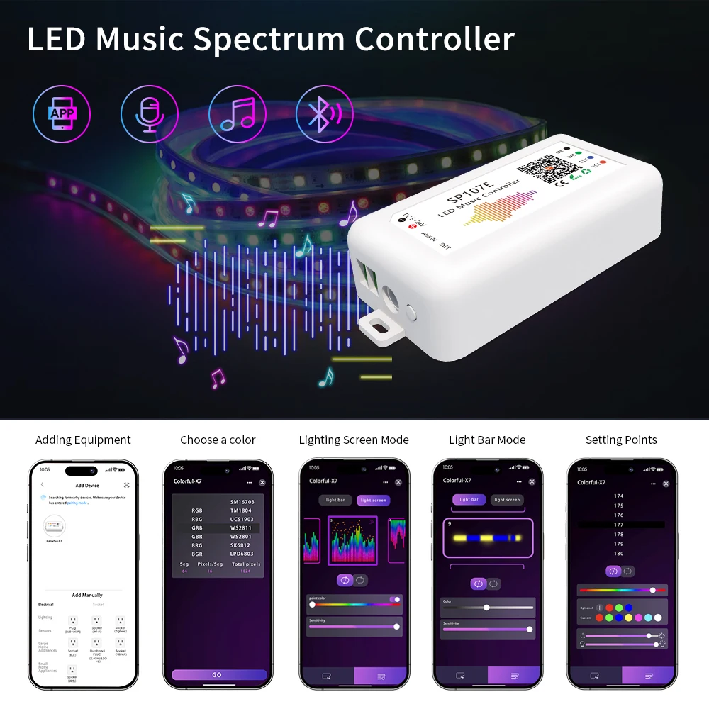 Ws2812B Led Rgbic Strip Light Controller Dc5V-24V wifi Sp511E Music Ws2811 Sk6812 Sp107E Addressable Sp107E Smart App Controller