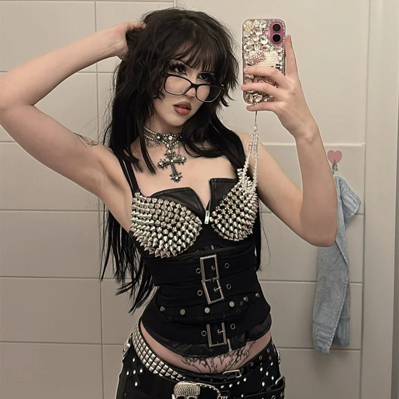 Dark Rivet Bra 2025 New Gothic Style Hot Girl Punk Fishbone Waist Seal Suit