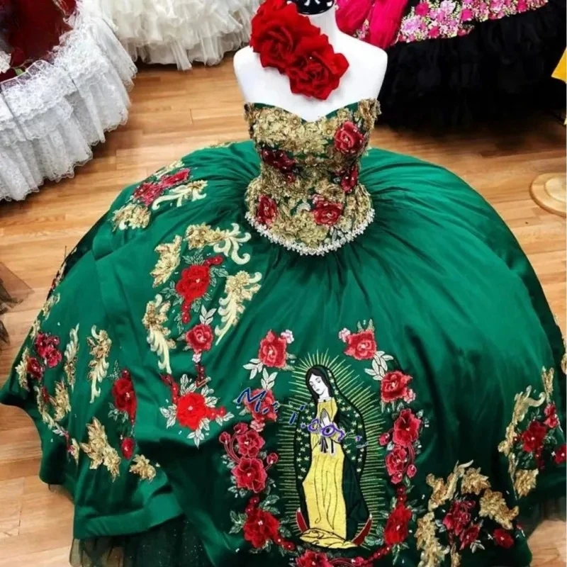 Green Quinceanera Dresses Ball Gown Sweetheart Tulle Appliques Beaded Puffy Mexican Sweet 16 Dresses 15 Anos