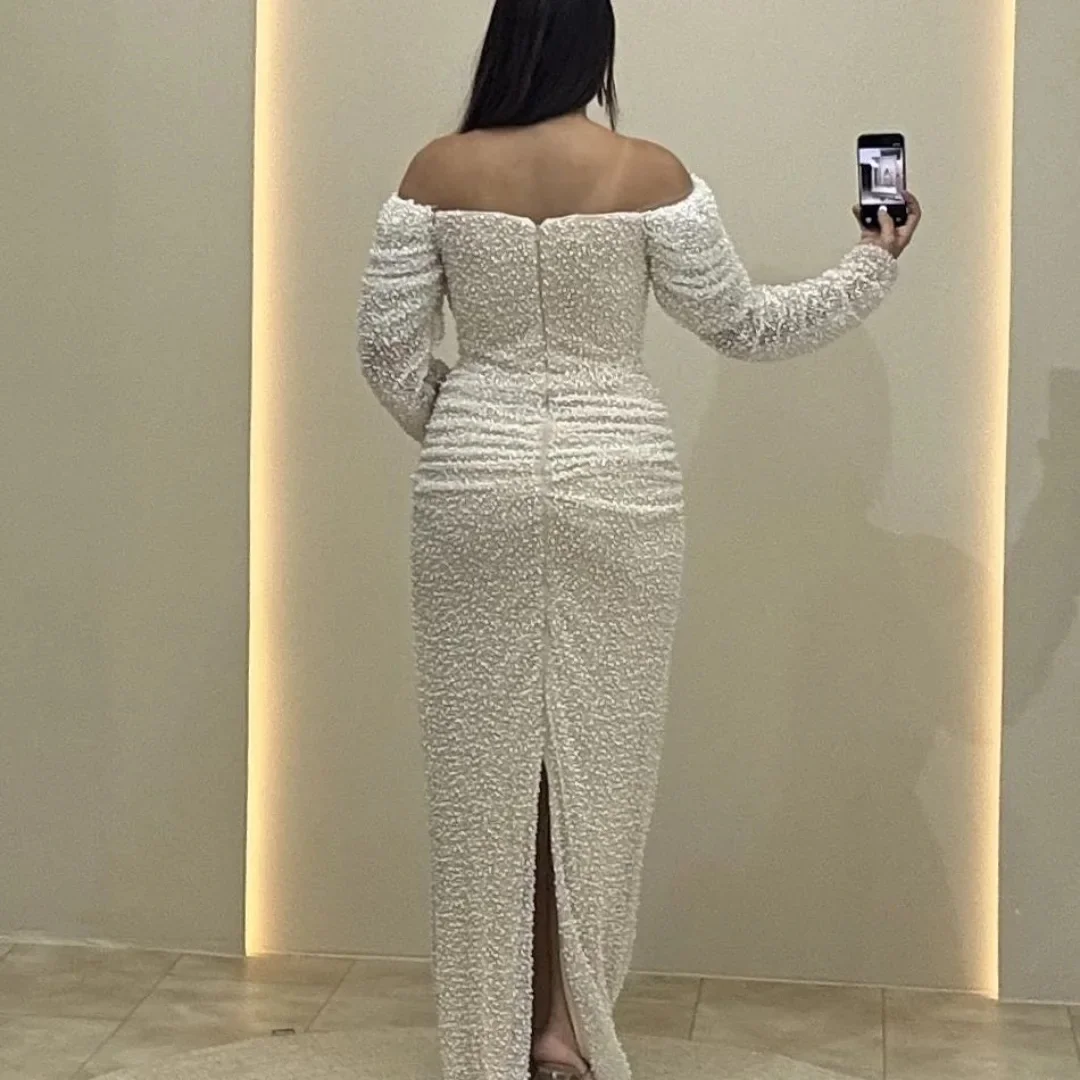 فستان سهرة فاخر مطرز بالكامل باللؤلؤ قبالة الكتف أنيق بطول الأرض حورية البحر للحفلات الراقصة الرسمية وحفلات الزفاف #4