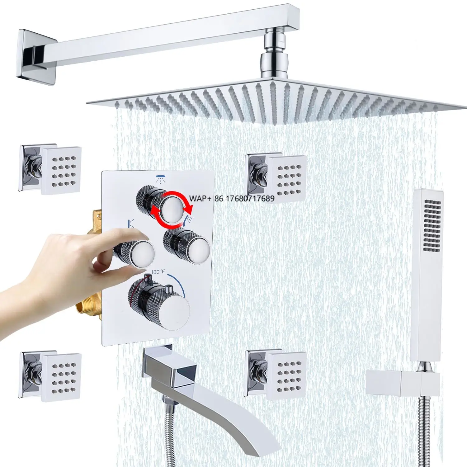 

16*32 Inch Luxury Brushed Brass Thermostatic Rain Shower System with Soft Spray Multi Shower Head Body Jets Bath Shower Faucets