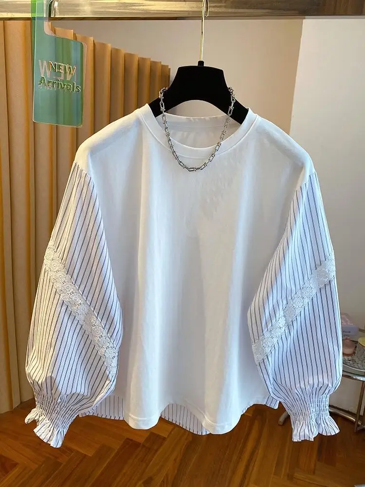 SuperAen Striped Patchwork Long-sleeved T-shirt for Women 2026 Spring New Korean Style Loose Pullover Casual Office Lady Tops