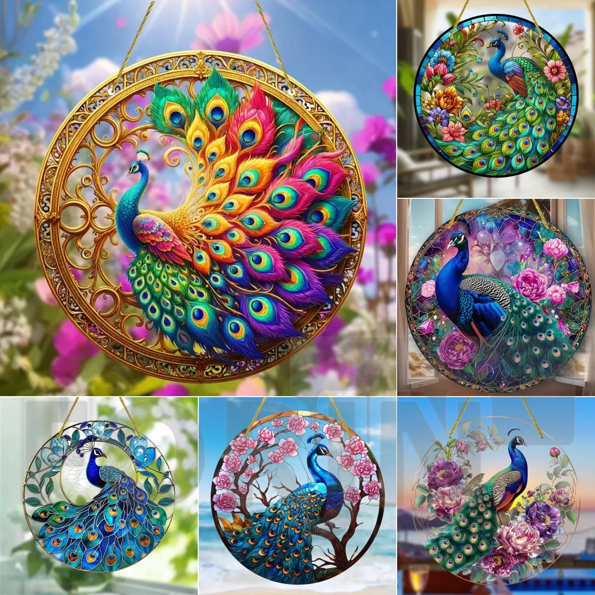 Elegant Peacock Sun Catcher,Round Acrylic Translucent Stained Hanging Sign,Festival Gifts,Porch,door,Home,Garden,yard Room Decor