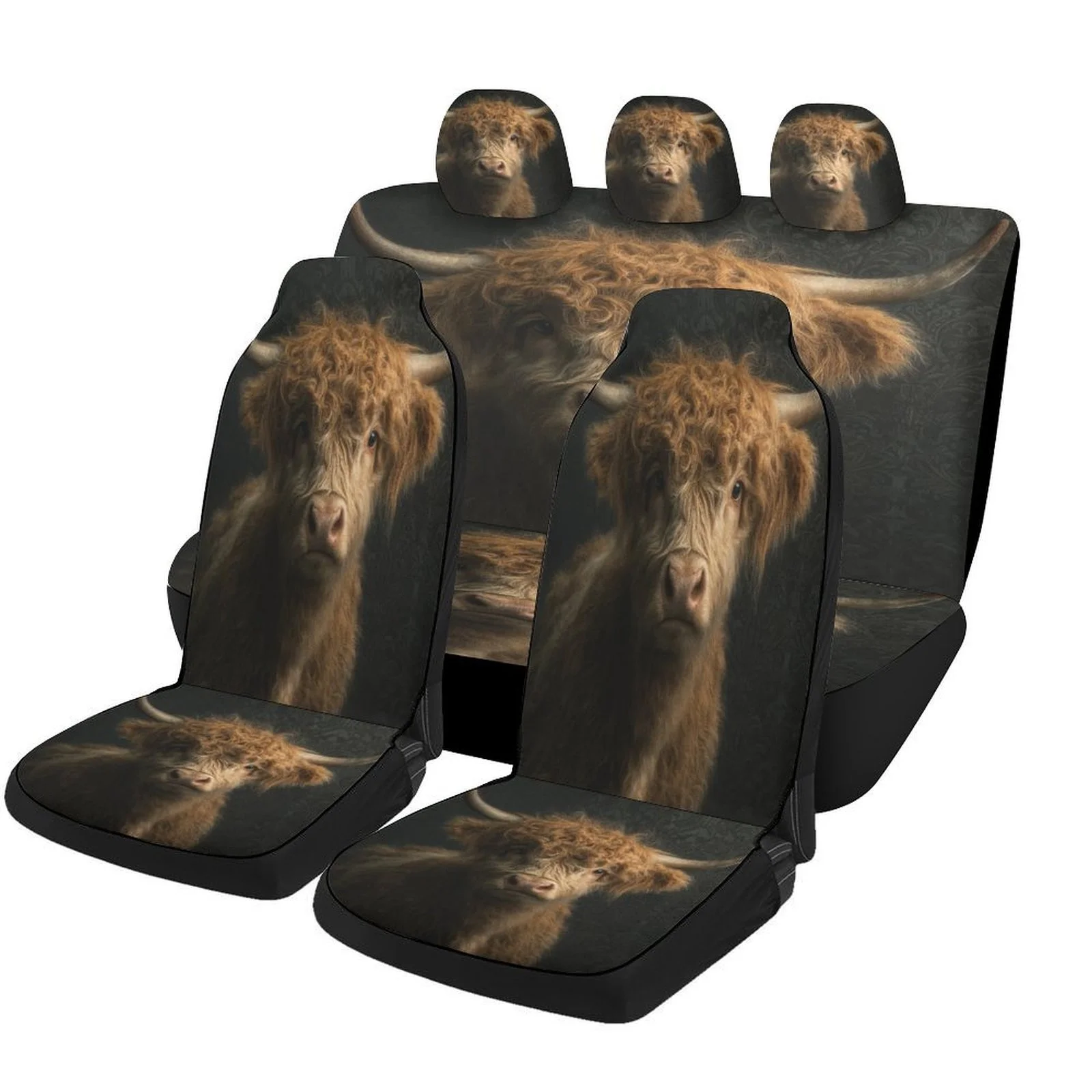 Set Of Car Seat Covers Featuring A Highland Cow Portrait, Suitable For Various Vehicles. Stylish And Durable, This Complete Set