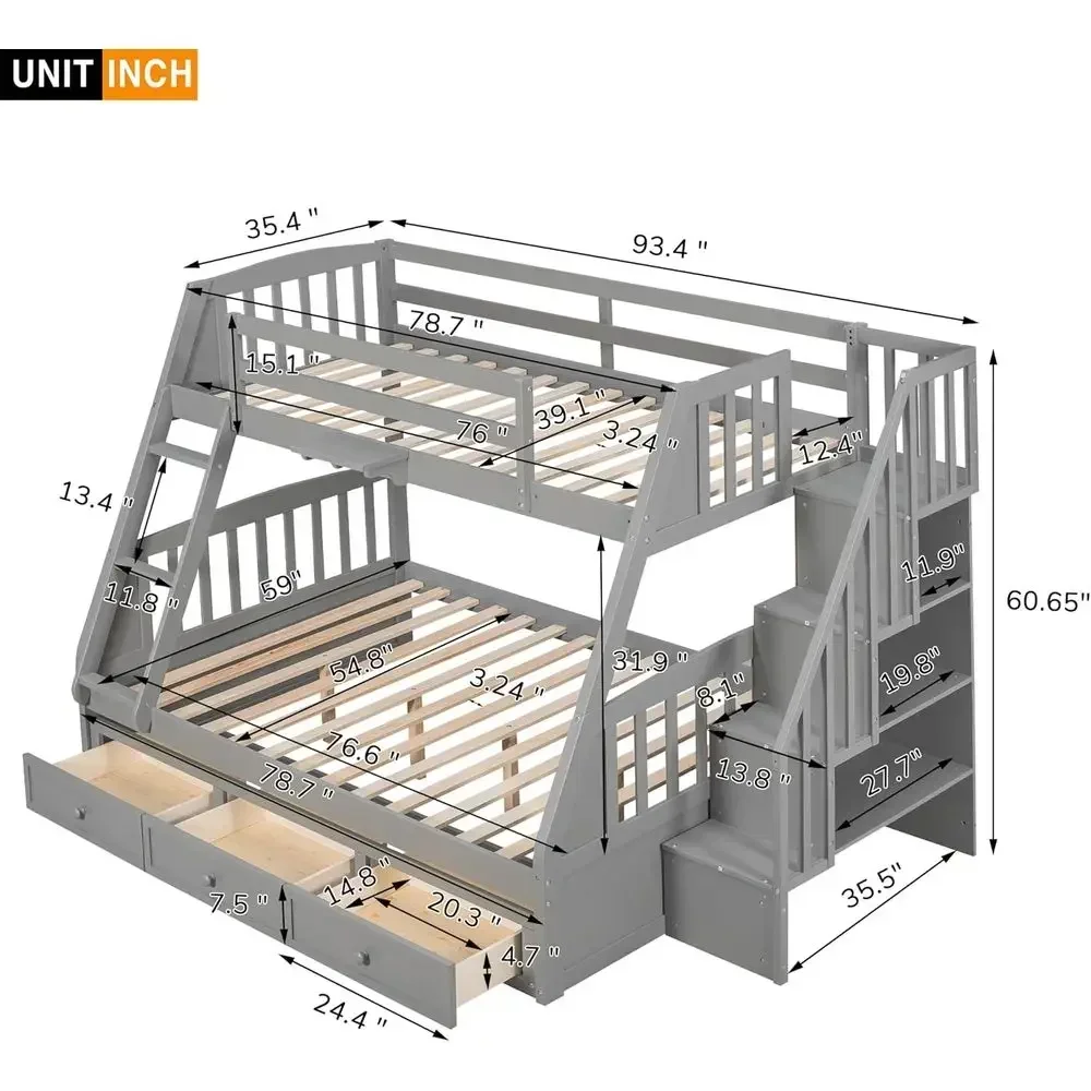 Gray Twin Over Full Stairway Bunk Bed with Safety Rails, Ladder, and Storage