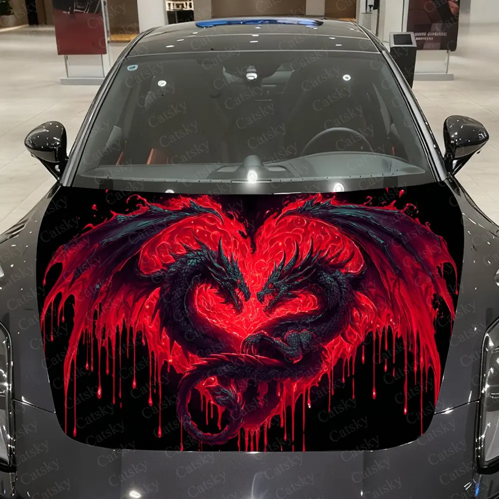 Black Winged Dragon Condensed Heart Car Vinyl Wrap, PVC Waterproof Car Hood Sticker, Self-Adhesive Scratch-Resistant Stickers