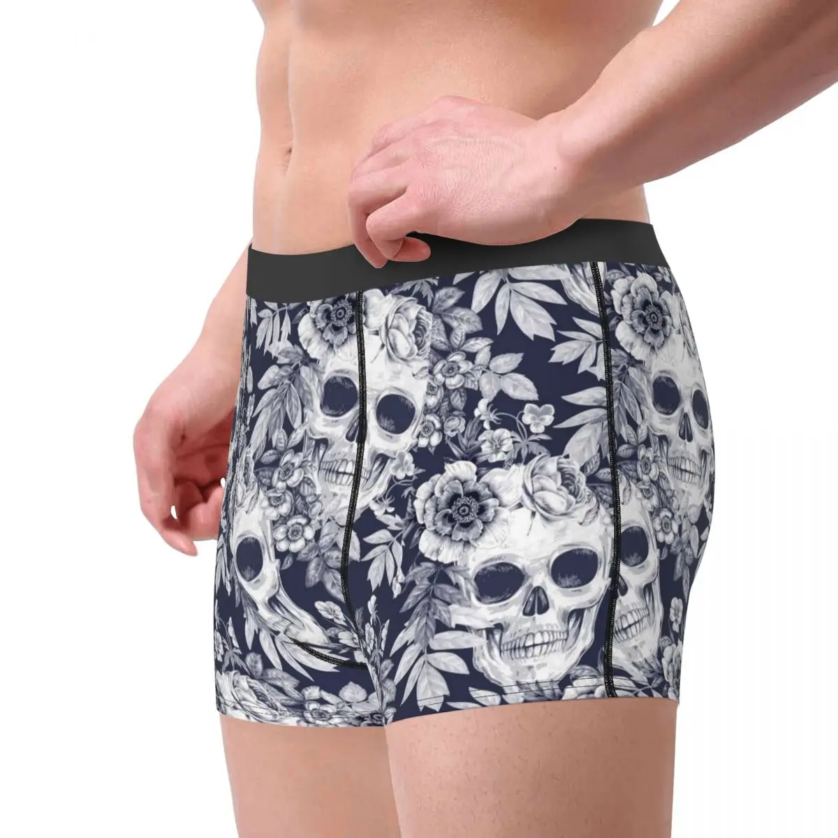 Novelty Boxer Shorts Panties Men's Death Skull Gothic Flowers Underwear Soft Underpants for Homme Plus Size