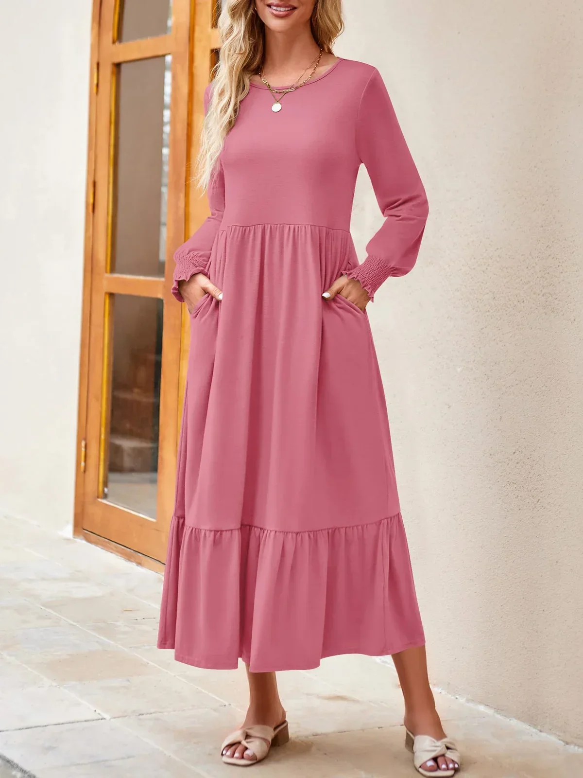 Elegant Casual Solid Pleated Layered Loose Pocket Long Sleeve Women's Dresses 2023 Autumn Loose Comfort Female Dress