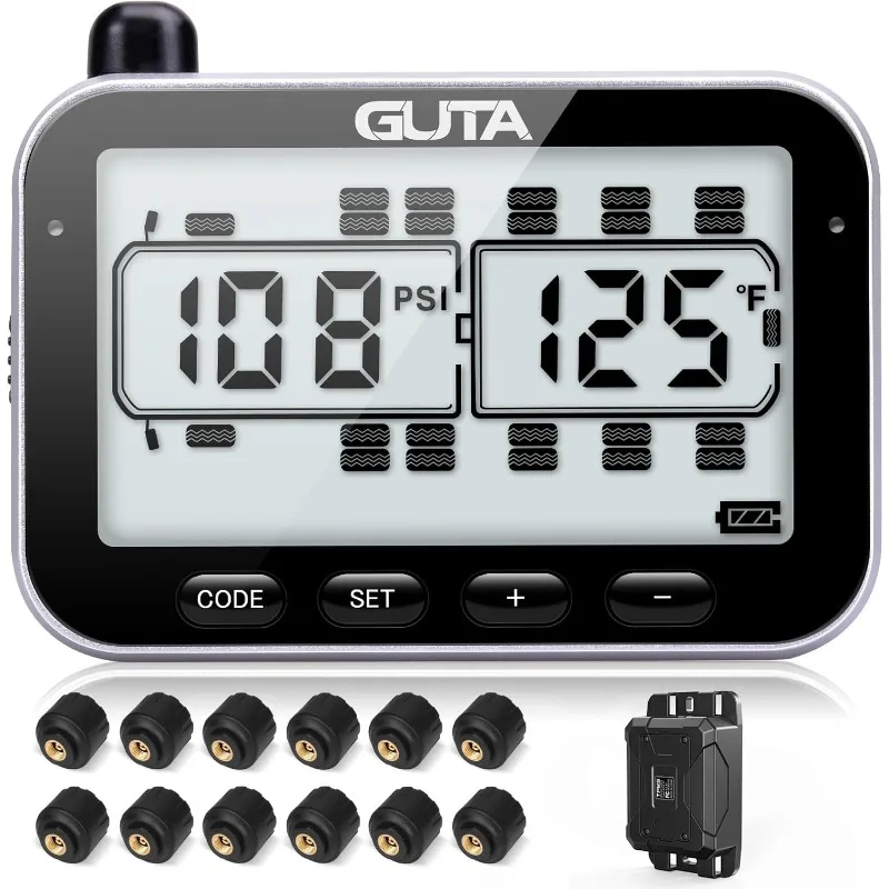 

GUTA RV Tire Pressure Monitoring System, RV TPMS, 12 Sensors, 7 Alarm Modes, 14 Days Battery Life, 80ft Sensing Distance