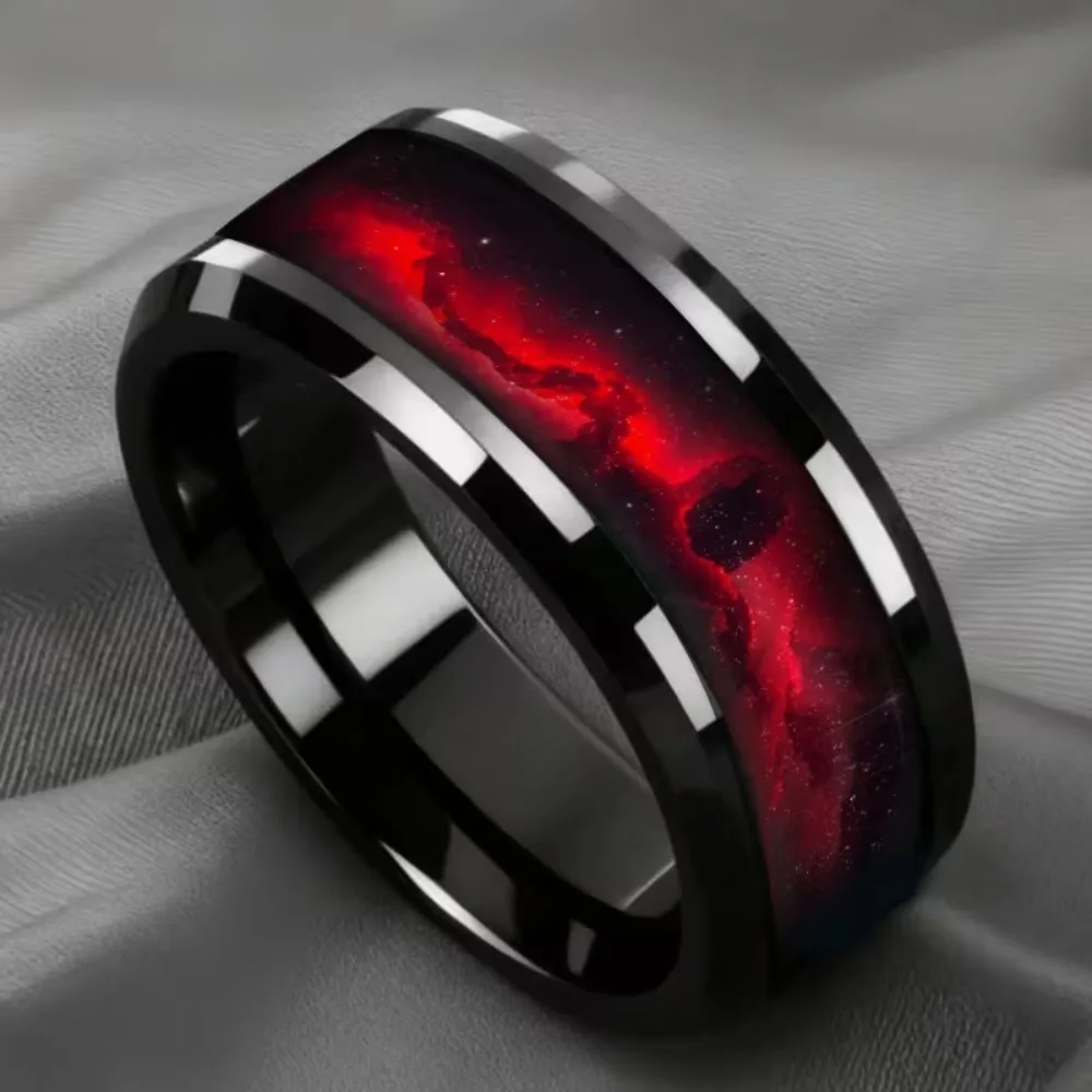 SUNFLOWERZHU Modische Herren Roter Planet Schwarze Edelstahlringe Damen Ehering Doppelt Facettierter Polierter Stahlring Schmuck – Detail 4