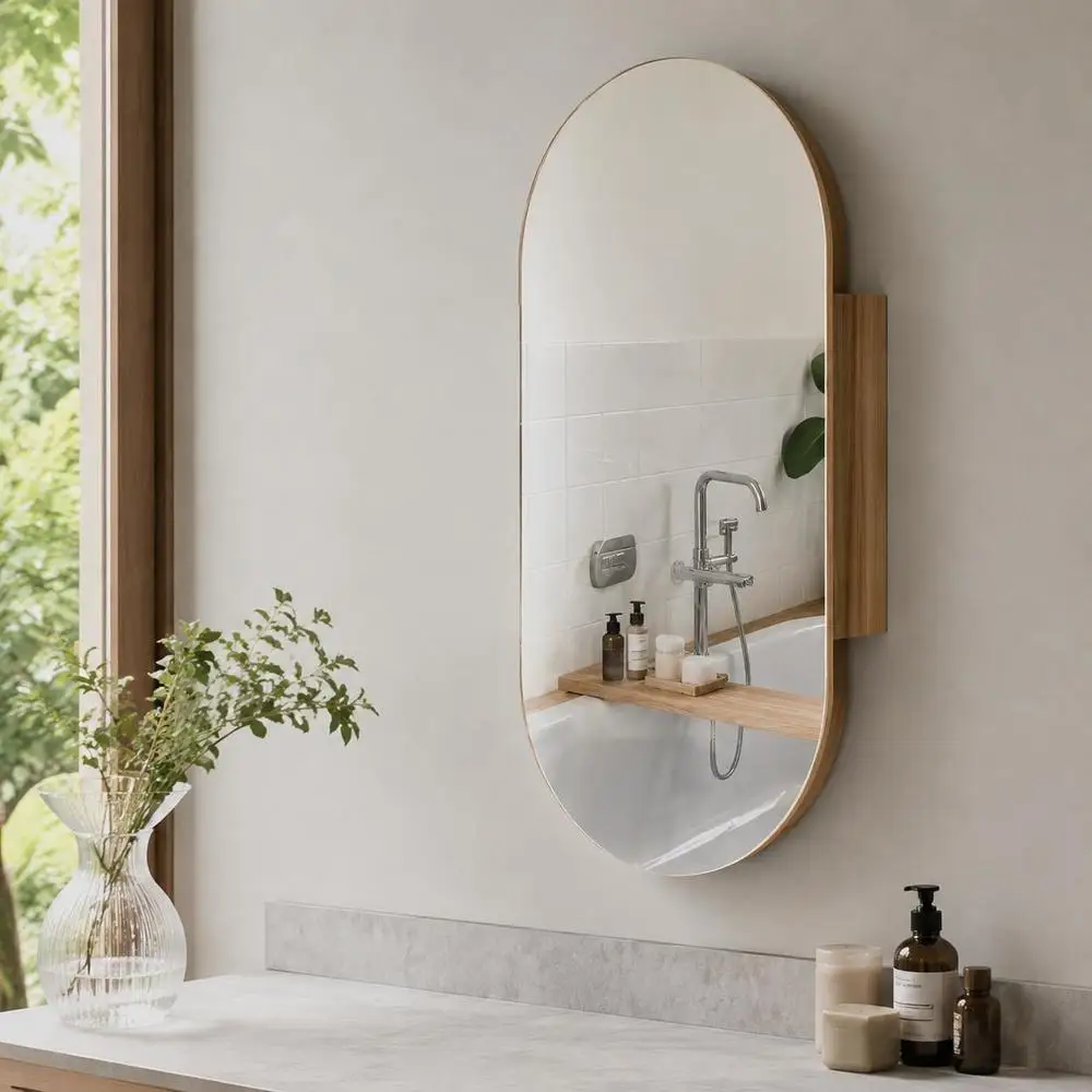Armoire murale de salle de bain avec miroir ovale X cm moderne sans cadre en bois naturel