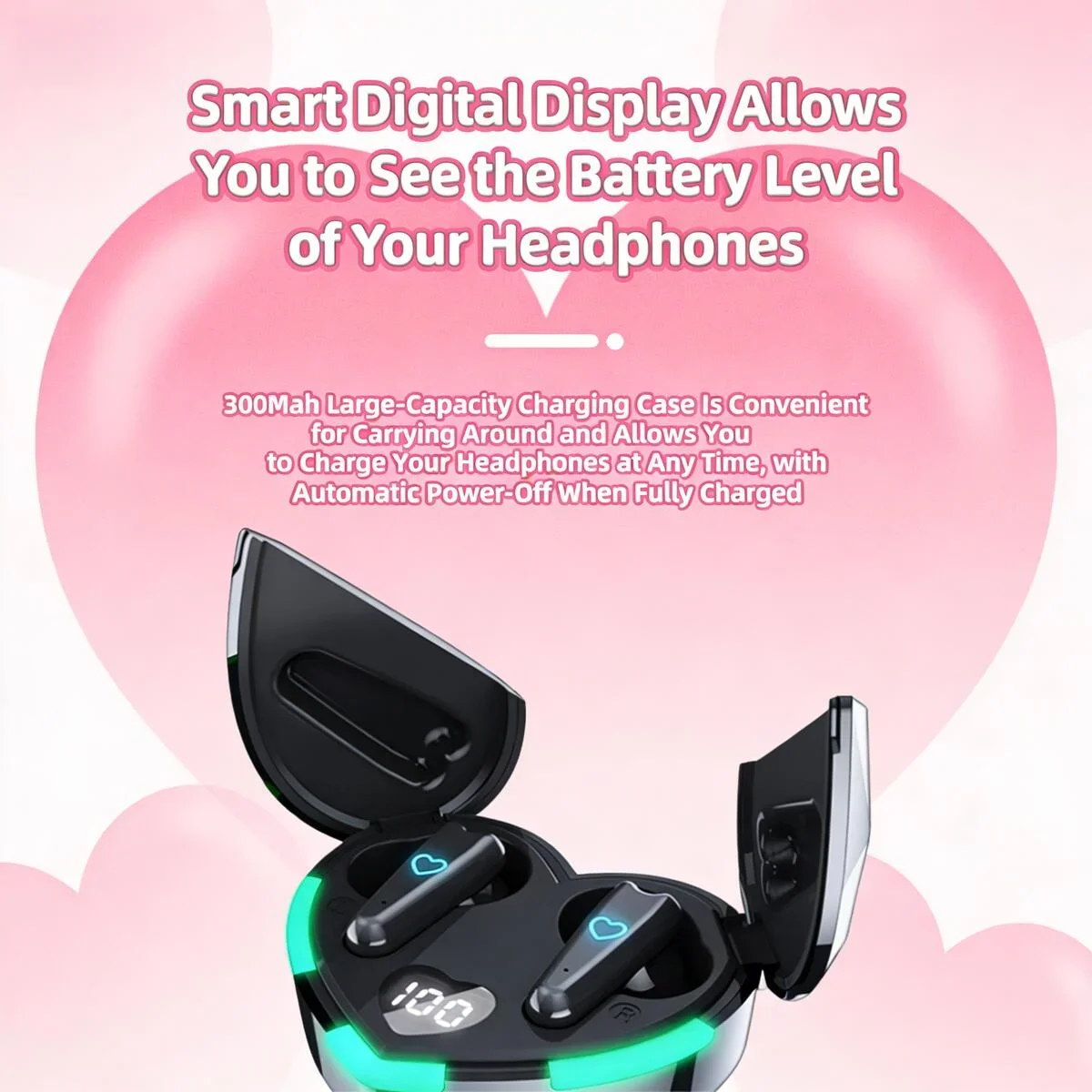 

Cute Heart-Shaped TWS Bluetooth Earbuds Digital Display Wireless Stereo Sound Earphones For Couple Girls Birthday Holiday Gifts