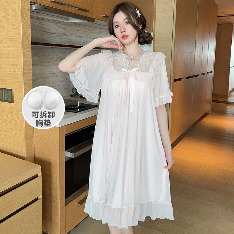 Hot Summer Sweet Lace Princess Short Sleeve Cotton Nightgowns for Women Korean Cute Sleepwear Night Dress Nightdress Home Nighty