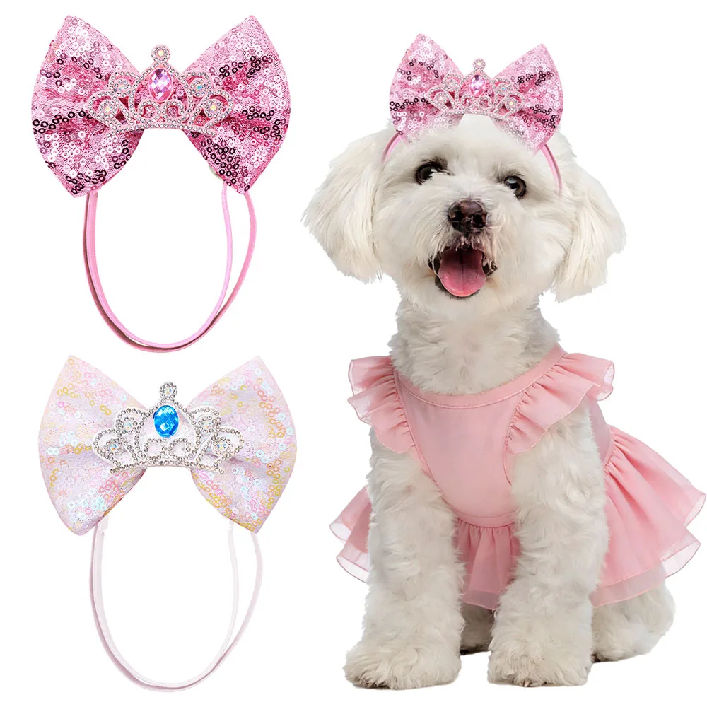 

10 шт. бантов для собак в стиле принцессы, эластичные регулируемые банты для шерсти домашних животных, блестящие аксессуары для собак и кошек, милые банты для кошек