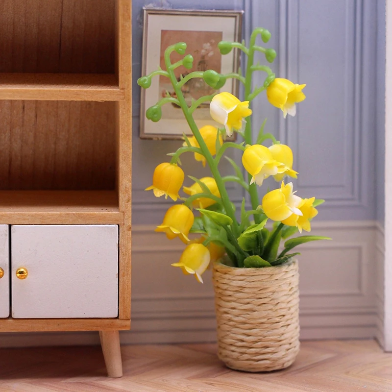 1:12 casa de muñecas en miniatura, lirio del valle, planta en maceta, maceta, bonsái, modelo de decoración para el hogar, juguete, accesorios para casa de muñecas