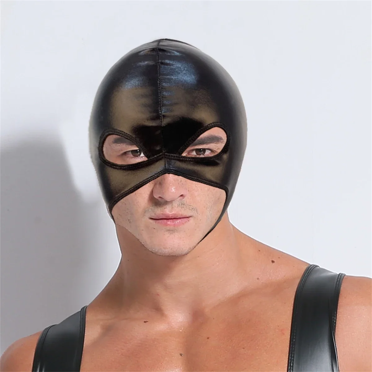 

Black Women Men Open Eyes and Mouth Face Mask Halloween Role Play Fully Head Cover Unisex Faux Leather Headgear Cosplay Costumes