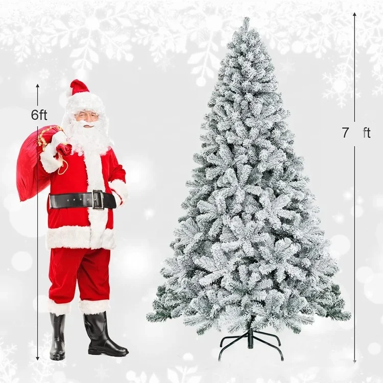 7 FT Artificial Snow Flocked Christmas Tree With Metal Stand For Home Office Party Decoration