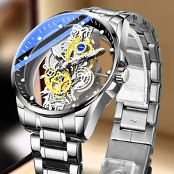 Heißer Verkauf Mode transparente Uhr Männer Nachahmung mechanische Uhren leuchtendes Zifferblatt Edelstahl band Quarz Armbanduhren Männer