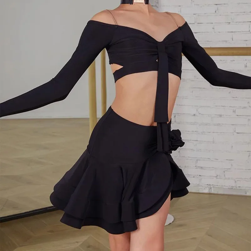 Sexy Off Shoulder Latin Top Ruffled Skirts Latin Dance Costume Stage Performance Clothes Samba Tango Dance Wear Set for Women