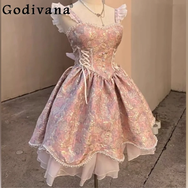 Pink Purple Flying Sleeve Jacquard Heavy Industry Lolita Princess Dresses Spring Summer Girls Versatile Age Reduction Dress