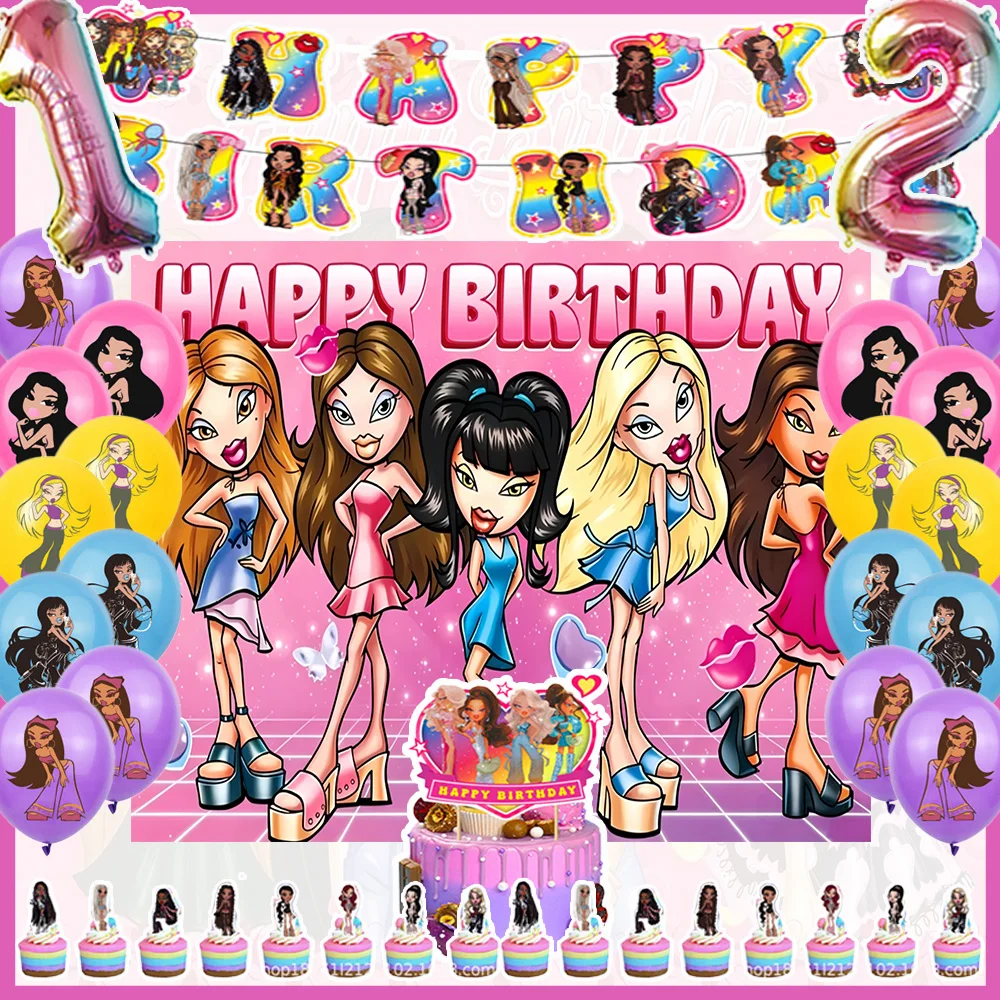 Bratz-Puppen-Geburtstagsparty-Dekorationsset, Happy-Birthday-Banner, Ballons, Tortendekoration, Mädchen-Geburtstagsparty-Zubehör, Foto-Requisiten