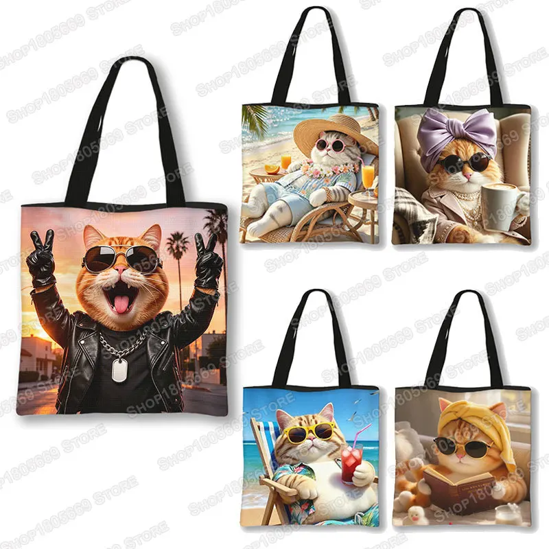 Funny Cool Orange Cat Tote Bag Women Large Capacity Shoulder Handbag Shopper Bag Reusable Shopping Beach Bag for Cat Lovers
