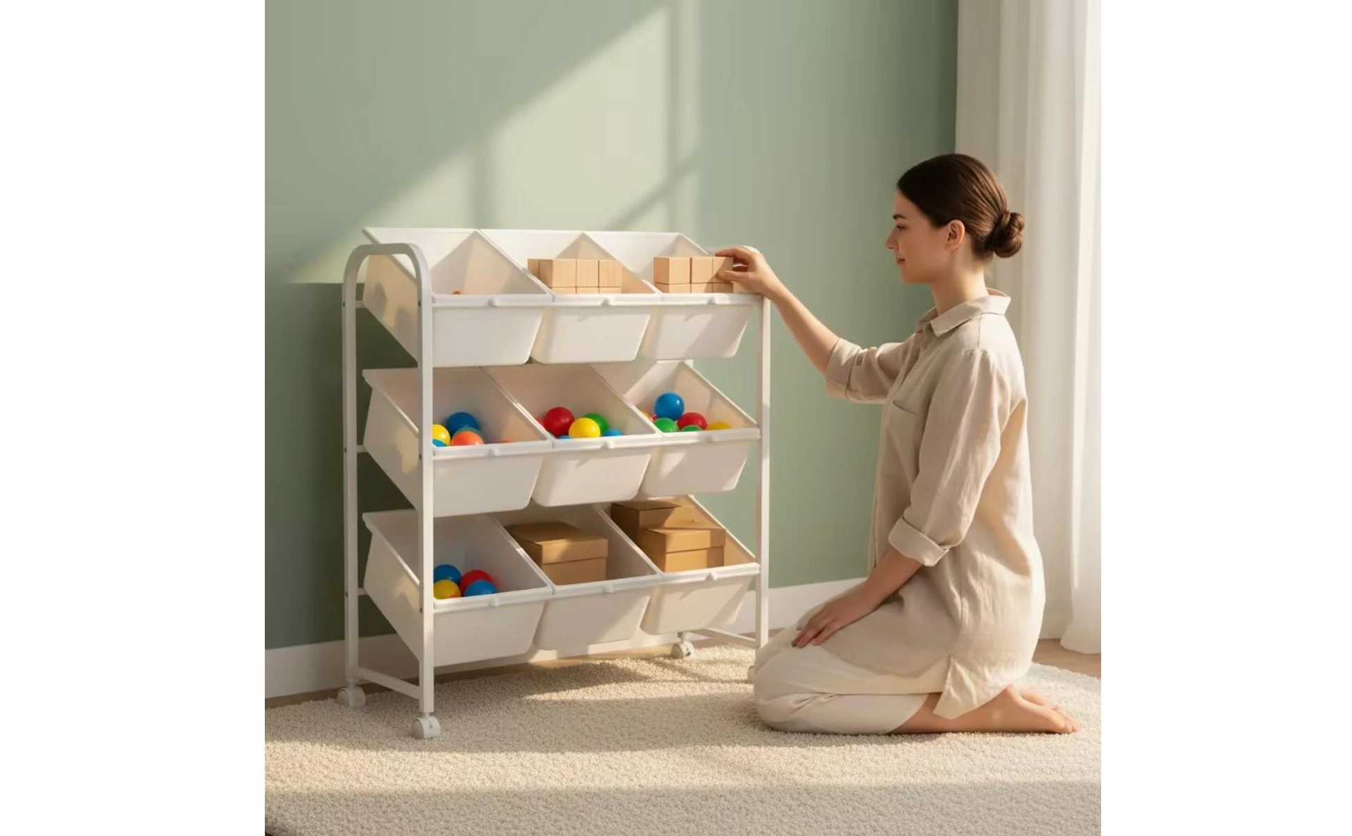 Toy Storage Rack with Bins 3-Tier Rolling Toy Organizer Kids Storage Shelf with Bins Mobile Furniture Wheeled for Parents