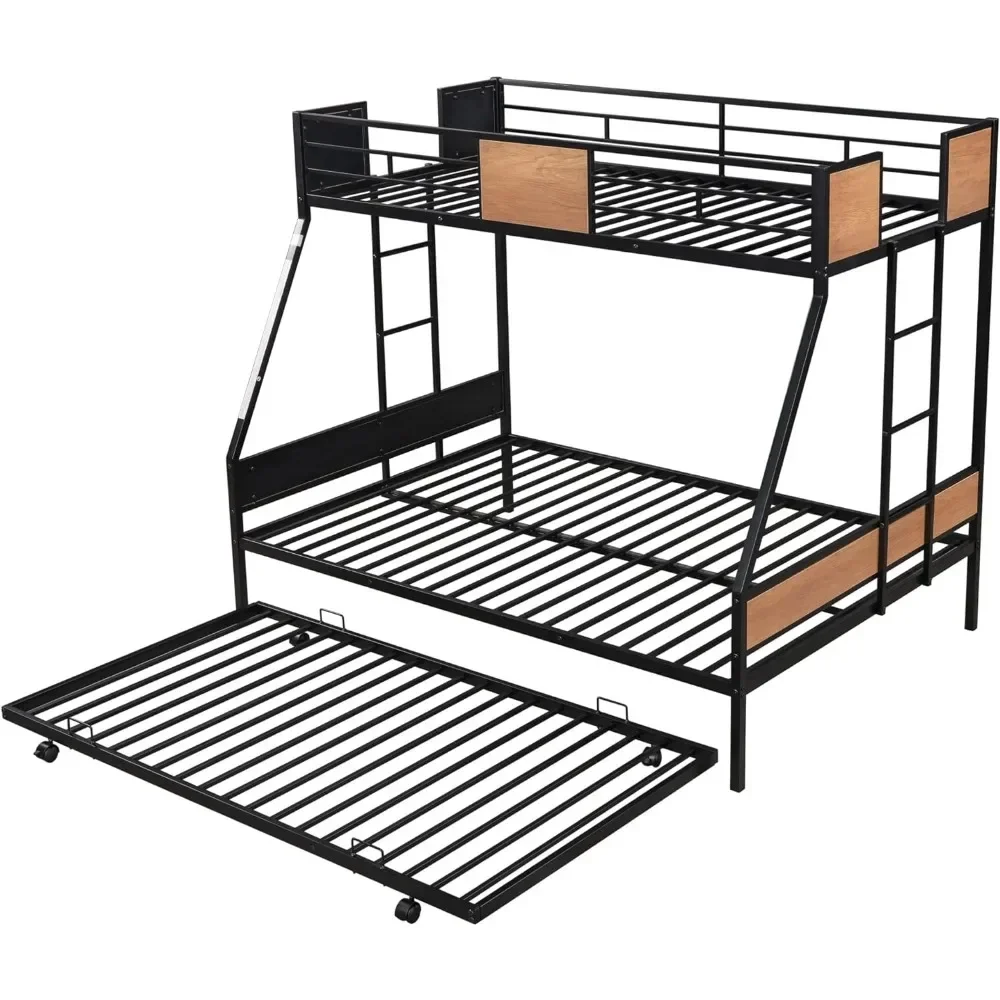 

A Bunk Beds with Trundle, Heavy Duty Metal Bed Frame with Safety Rail 2 Side Ladders for Boys Girls Adults Box Spring Needed