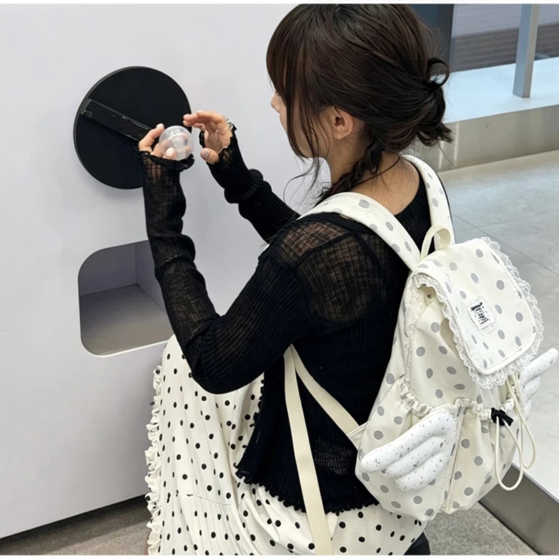 Angel Wings Polka Dot Studenten-Rucksack mit Kordelzug, koreanische süße süße Schultasche aus Nylon, leichte, lässige, geräumige Reisetasche – Detail 17