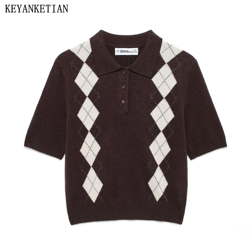 

KEYANKETIAN 2025 Spring New Women's polo collar Color Matching Argyle Short Sleeve Sweater Pullover Retro style Slim Knitted Top