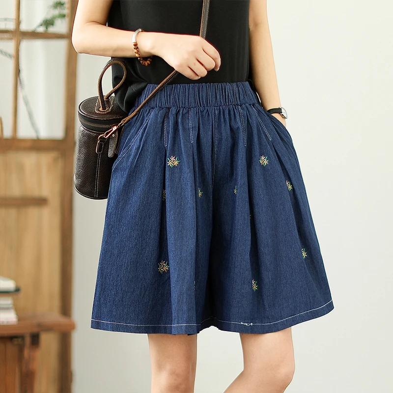 Loose Big Size Summer Denim Shorts For Women Wide Leg Short Pants Bermuda Femme Vintage Embroidery Floral Baggy Jeans Shrots