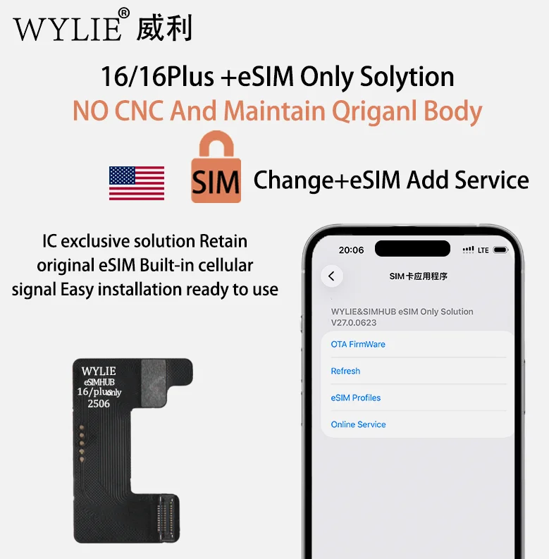 WYLIE eSIM to Physical SIM Card flex For IP15 15plus 16 16plus US Version Dual SIM Reader Flex Cable Sim Tray Converter