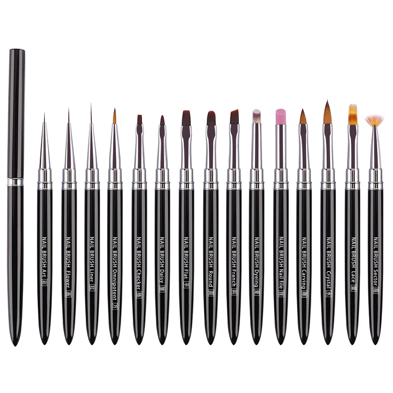 1/15 stücke Nail art Pinsel Set UV Gel Verlängerung Zeichnung Carving Schwarz Metall Stange Pinsel Set von Kunst/funktionale/Liner/Spitze Pinsel Werkzeuge