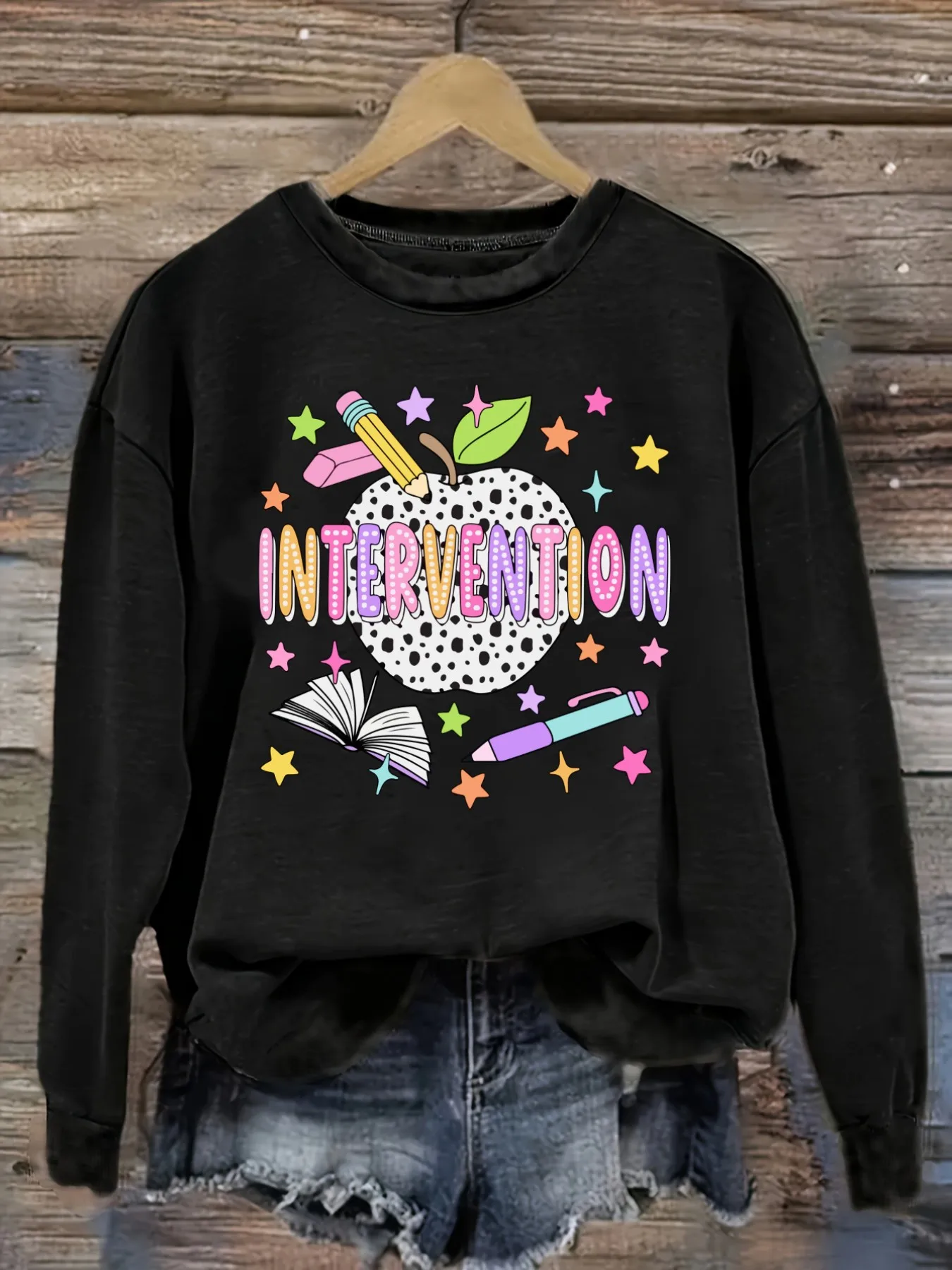 Women's Casual Long Sleeve Crew Neck T-Shirt Intervention Apple Pencil Book Stars Design, Round Neck Women's Clothing, Machine Washable, Slightly Elastic, Loose Fit, Spring Autumn Winter Women's T-Shirt, Halloween Costume Outfit