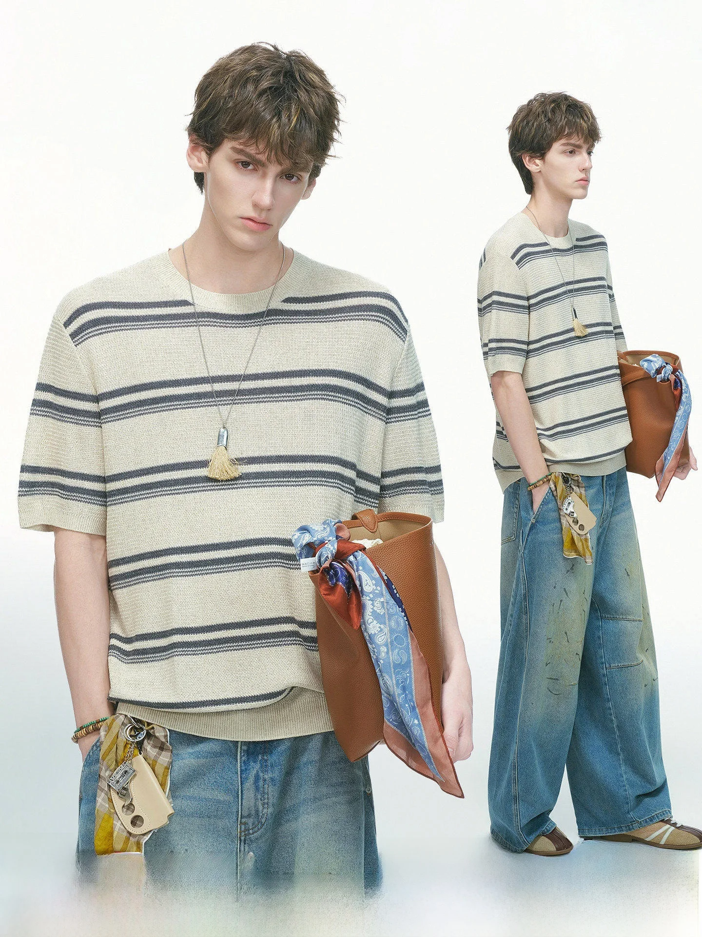 Dream Made American Stripe Linen Knitted Short Sleeve T-Shirt Men's Summer round Neck Top Breathable Comfortable Loose Fit