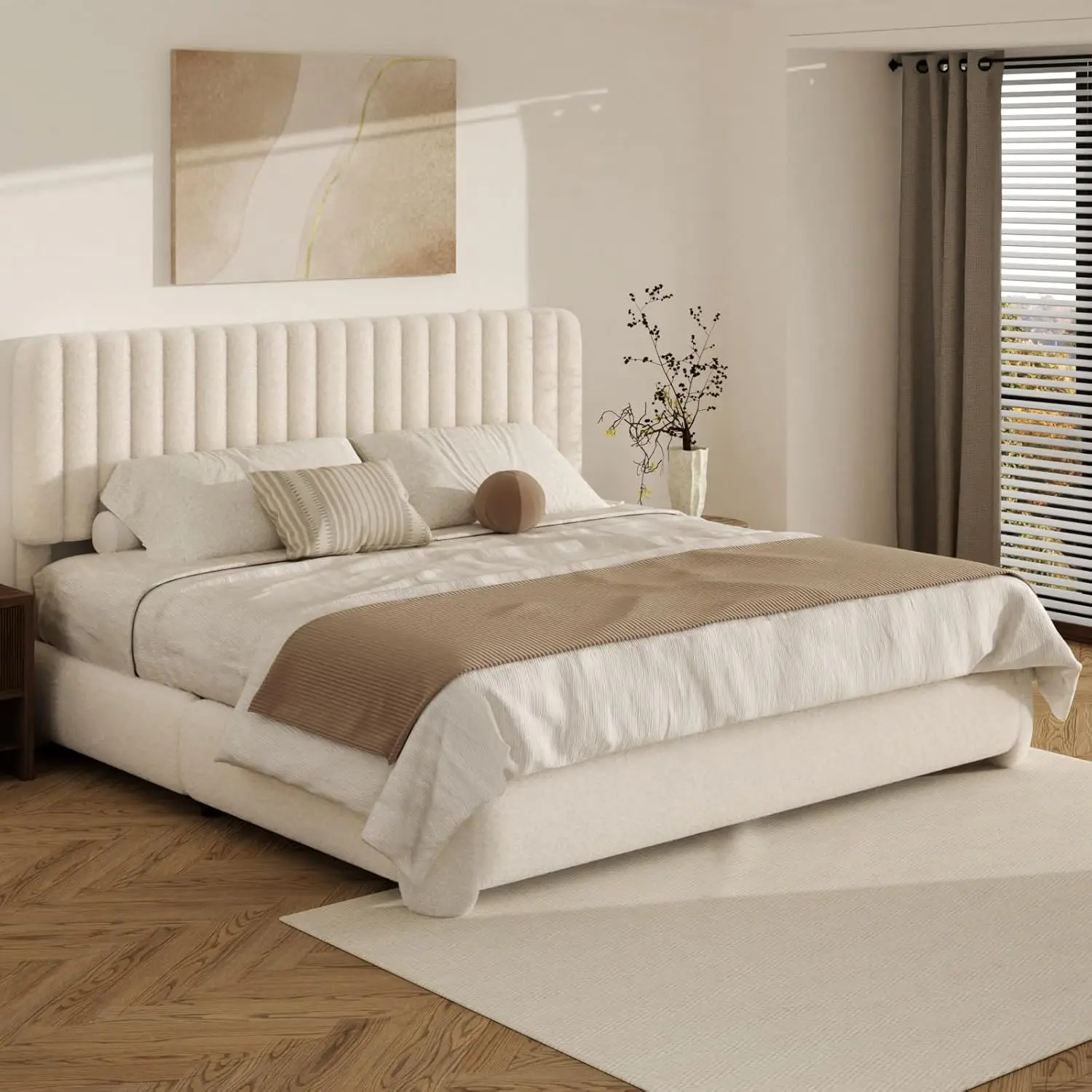 

Кровать King-size с мягкой обивкой, круглым регулируемым изголовьем, современная, без пружинного блока, бесшумная, простая сборка, бежевая, на заказ