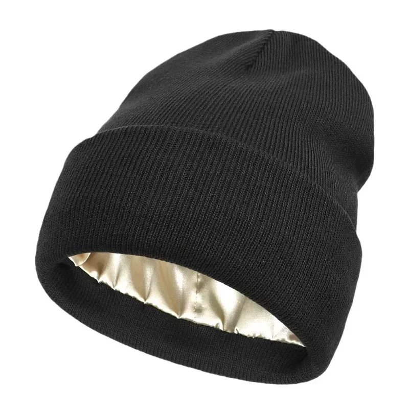 Nuevo gorro de invierno Unisex, gorros forrados de satén de seda para hombres y mujeres, gorro protector de dos caras para el cabello, gorro de punto cálido, gorro de lana