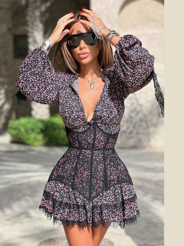 Damen-Minikleider mit Aufdruck, Taillenschnürung, Laternenärmeln, Kurzkleid mit O-Ausschnitt, Spitzen-Patchwork, Schlanker Schnitt, Partykleidung, Neu – Detail 30