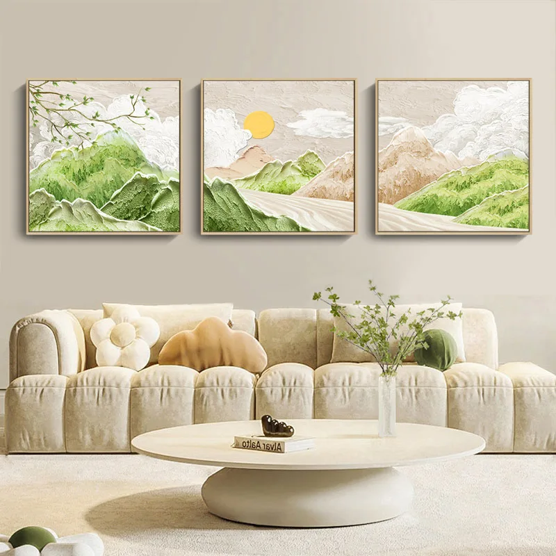 Cream wind triple fresh scenery sofa background wall decorative painting Nordic living room dining room bedroom modern