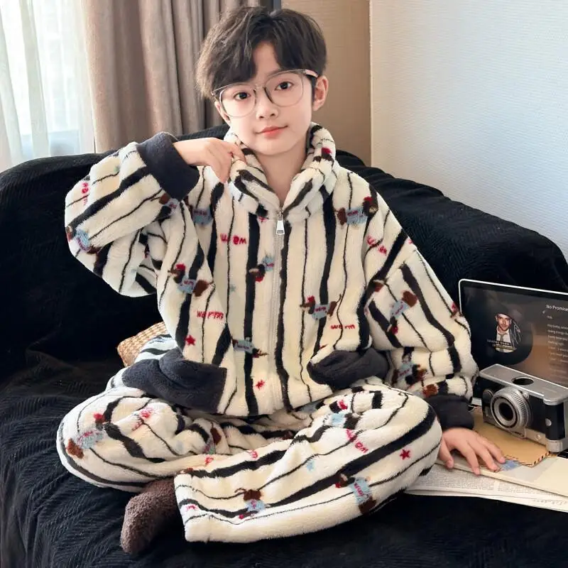 

Boys Pajamas Set Winter Flannel Fleece Warm Thick Kids Homewear Loungewear 2026 New Coral Velvet Boys Sleepwear Children Outfit
