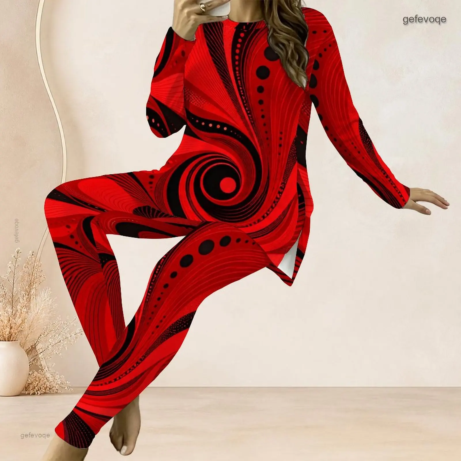 Women Red Black Abstract Spiral Swirl Dot Printed Round Neck Long Sleeve Top & Fitted Pants Two Piece Set