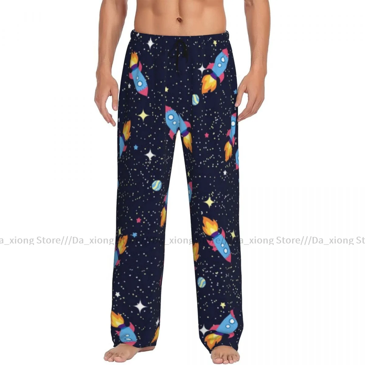 Mens Casual Pajama Long Pant Loose Elastic Waistband Space Planets Rockets Stars Spaceship Cozy Sleepwear Home Lounge Pants