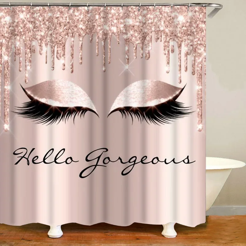 Girly Rose Gold Eyelash Makeup Shower Curtain Bath Curtain Set Spark Rose Drip Bathroom Curtain Eye Lash Beauty Salon Home Decor