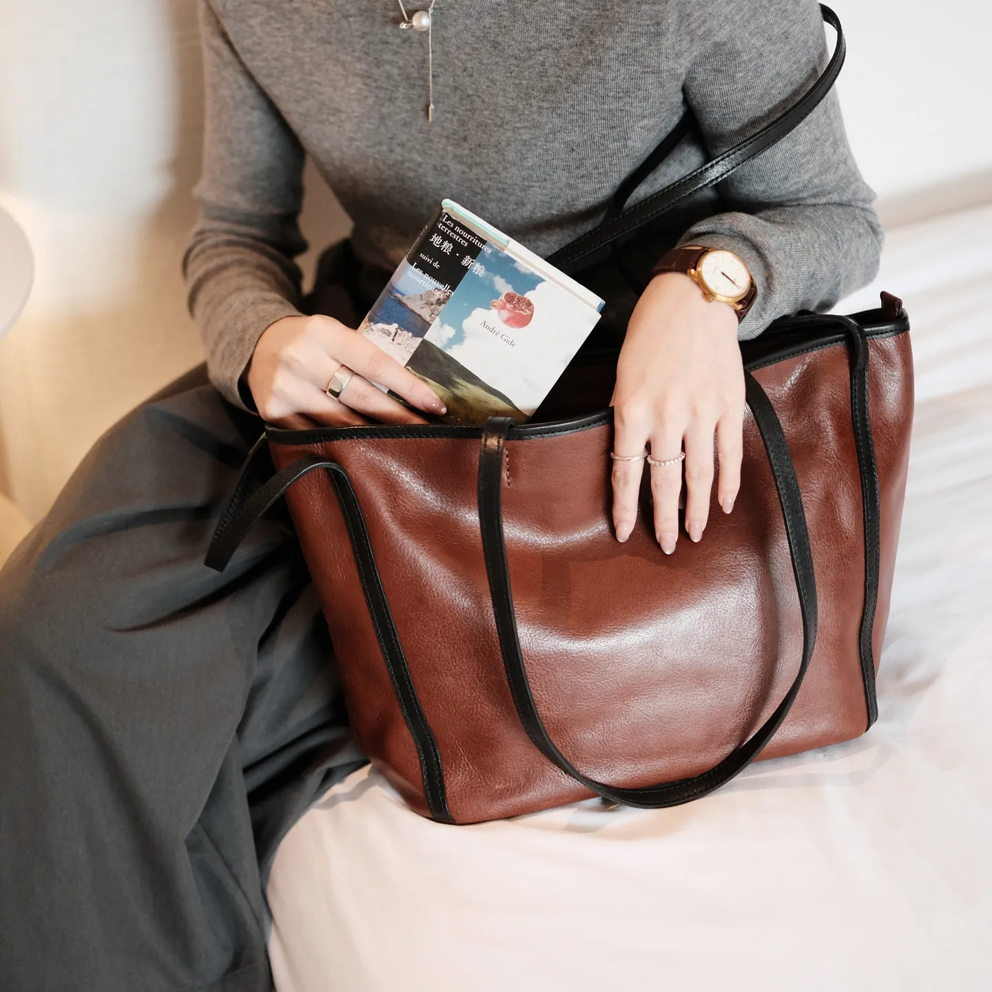 casual First layer cowhide women's large capacity tote bag weekend shopping shoulder bag simple vintage genuine leather handbag